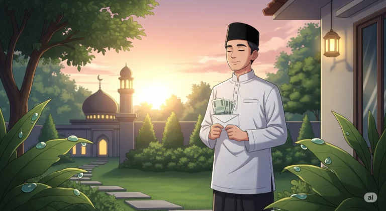 Pria Muslim bersedekah di waktu subuh dengan latar matahari terbit dan masjid.