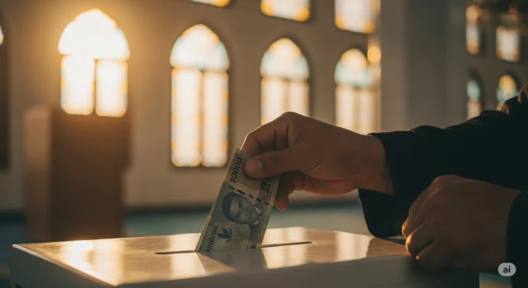 Tangan Muslim memasukkan uang Rupiah ke kotak amal masjid saat subuh dengan sinar matahari pagi yang hangat, menggambarkan sedekah subuh penuh keberkahan.